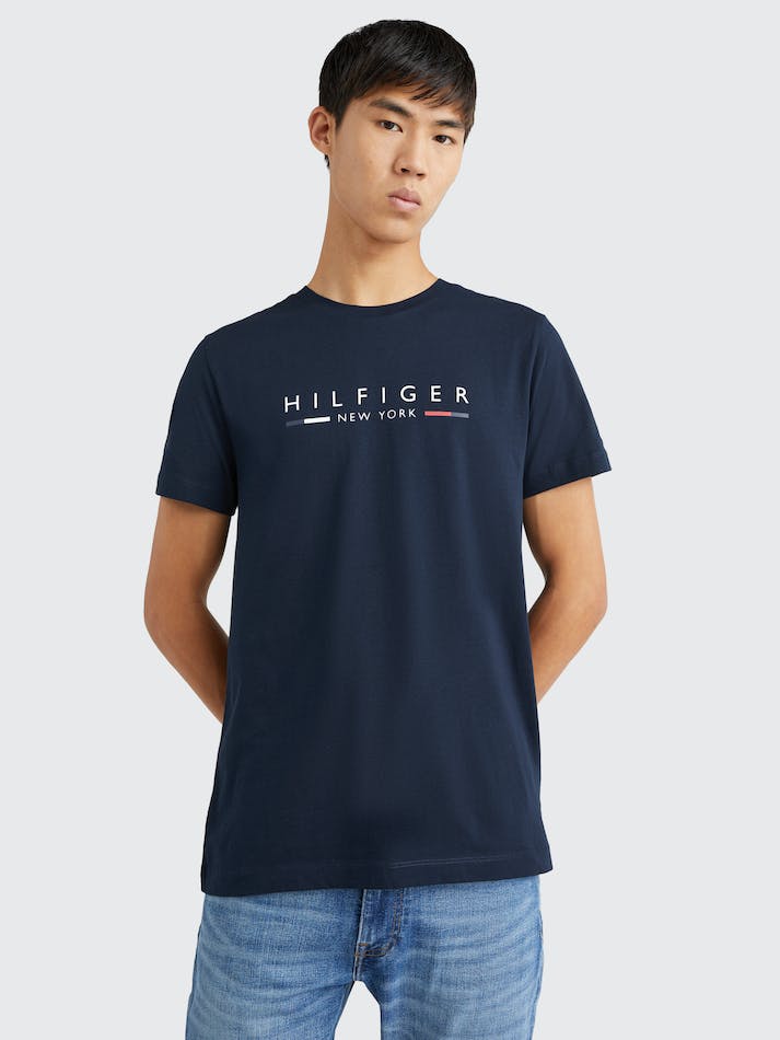 Tommy Hilfiger NYC Logo Slim Fit Men's T Shirts Blue | CWkk7BnikKG9