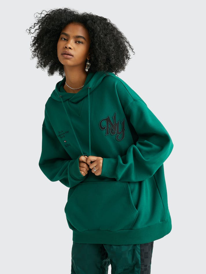 Tommy Jeans New York Applique Fleece Unisex Hoodie Turquoise | IkP0XdKlNRU5