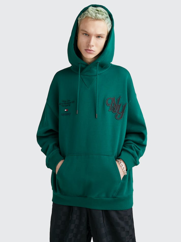 Tommy Jeans New York Applique Fleece Unisex Hoodie Turquoise | IkP0XdKlNRU5