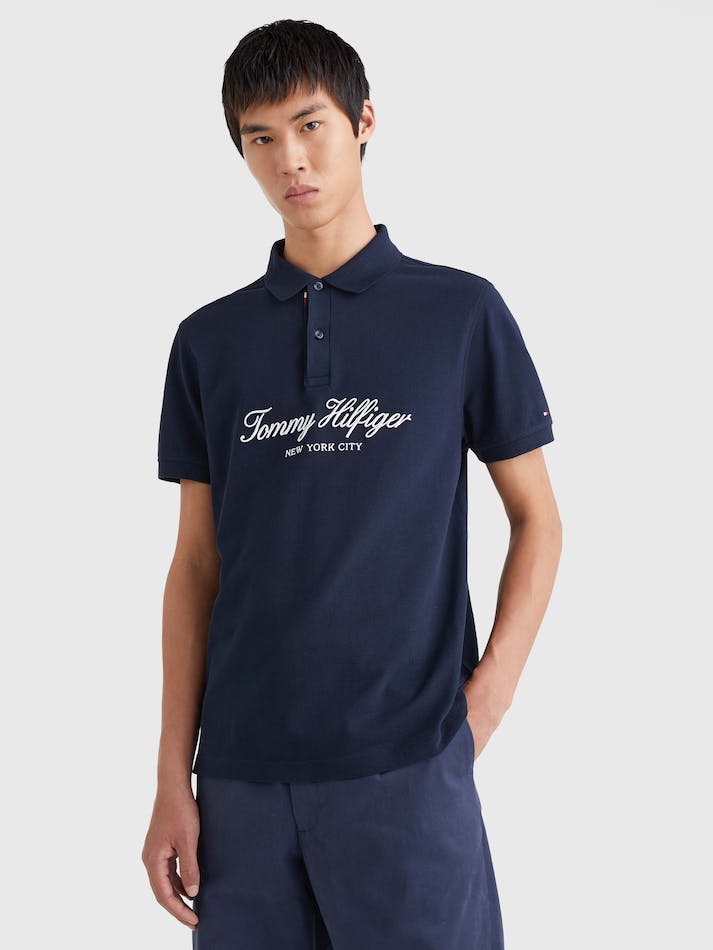 Tommy Hilfiger Organic Cotton Script Regular Fit Men's Polo Shirts Blue | 7LlpFvZ0UH4k