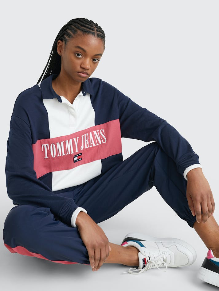 Tommy Jeans Oversized Colour-Blocked Long Sleeve Rugby Women's Polo Shirts White / Multicolor | Sornq0haYMnP