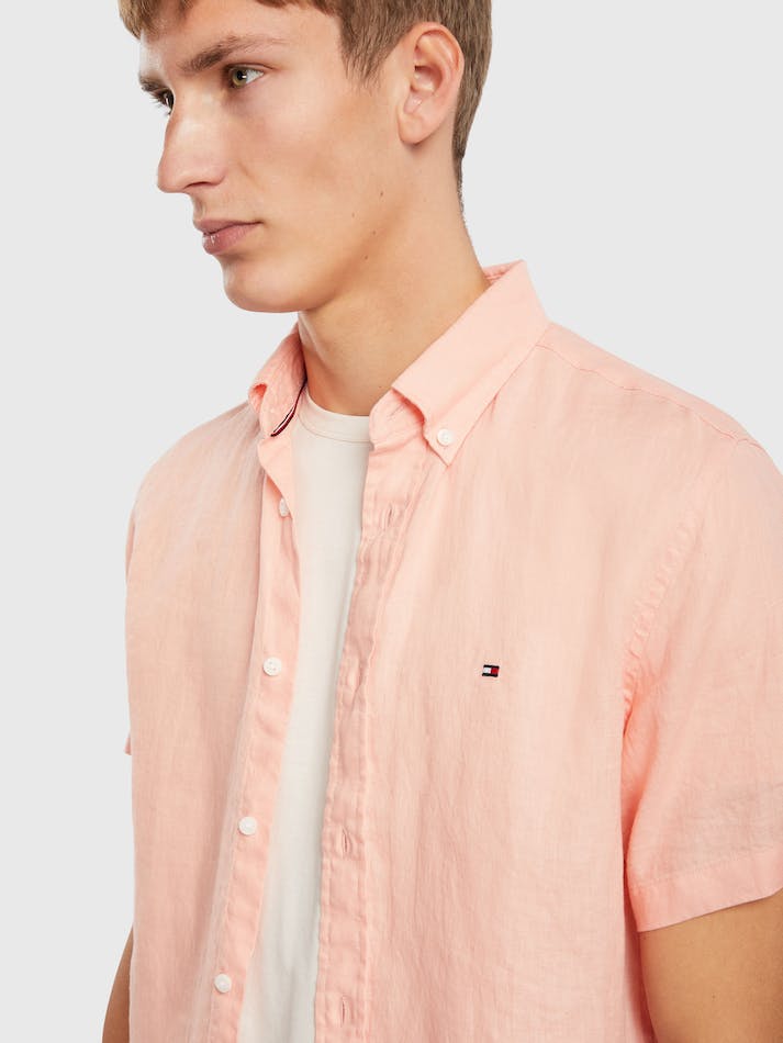 Tommy Hilfiger Premium Short Sleeve Linen Men's Shirts Coral | 3ZYlaMP0FBzE