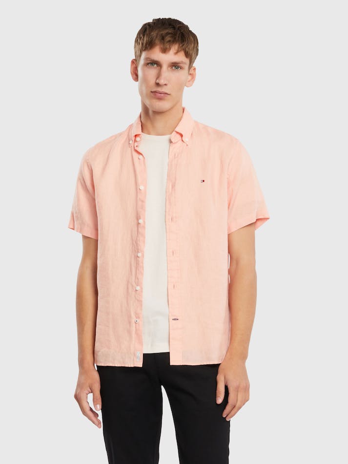 Tommy Hilfiger Premium Short Sleeve Linen Men\'s Shirts Coral | 3ZYlaMP0FBzE