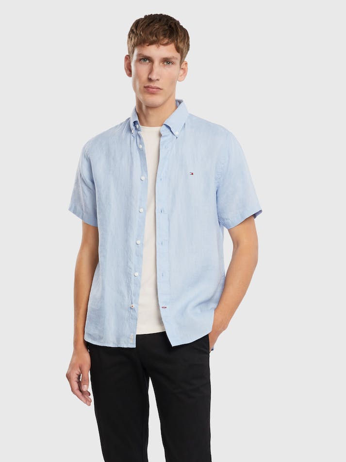 Tommy Hilfiger Premium Short Sleeve Linen Men\'s Shirts Blue | n5rdrgAwAGPN