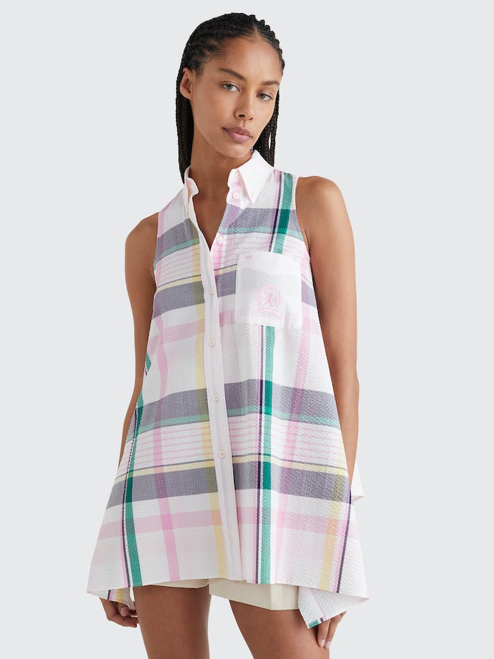 Tommy Hilfiger Prep Crest Madras Check Sleeveless Women's Shirts Light Pink | uKZmANb8eaKh