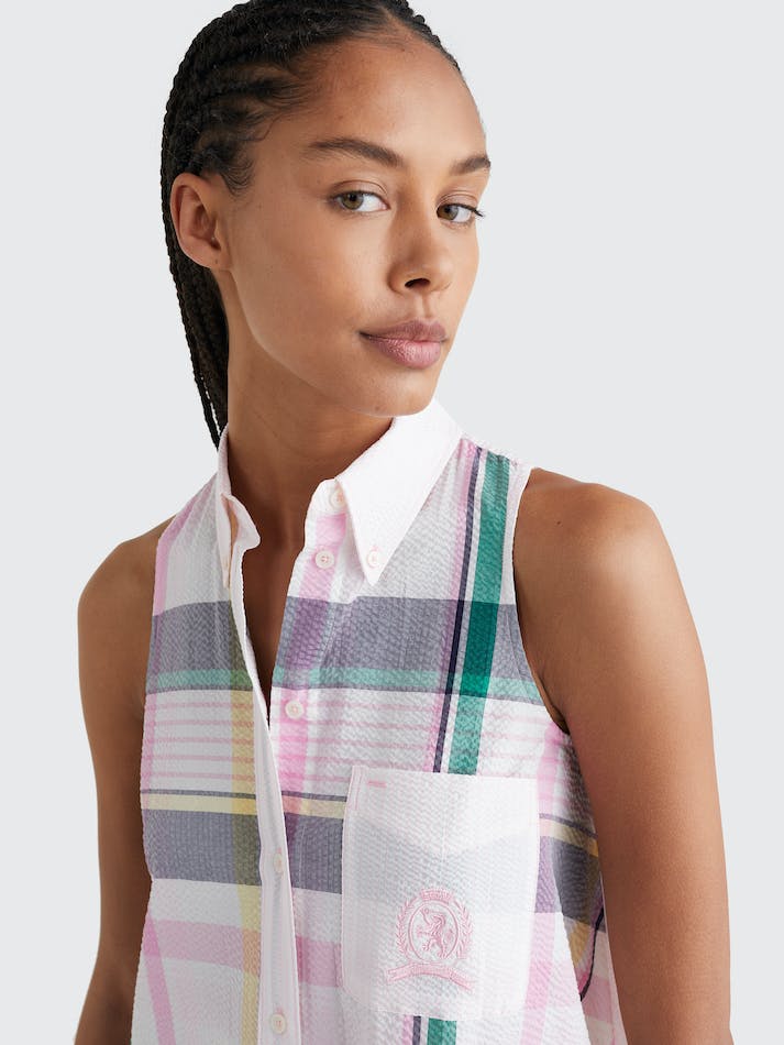 Tommy Hilfiger Prep Crest Madras Check Sleeveless Women's Shirts Light Pink | uKZmANb8eaKh