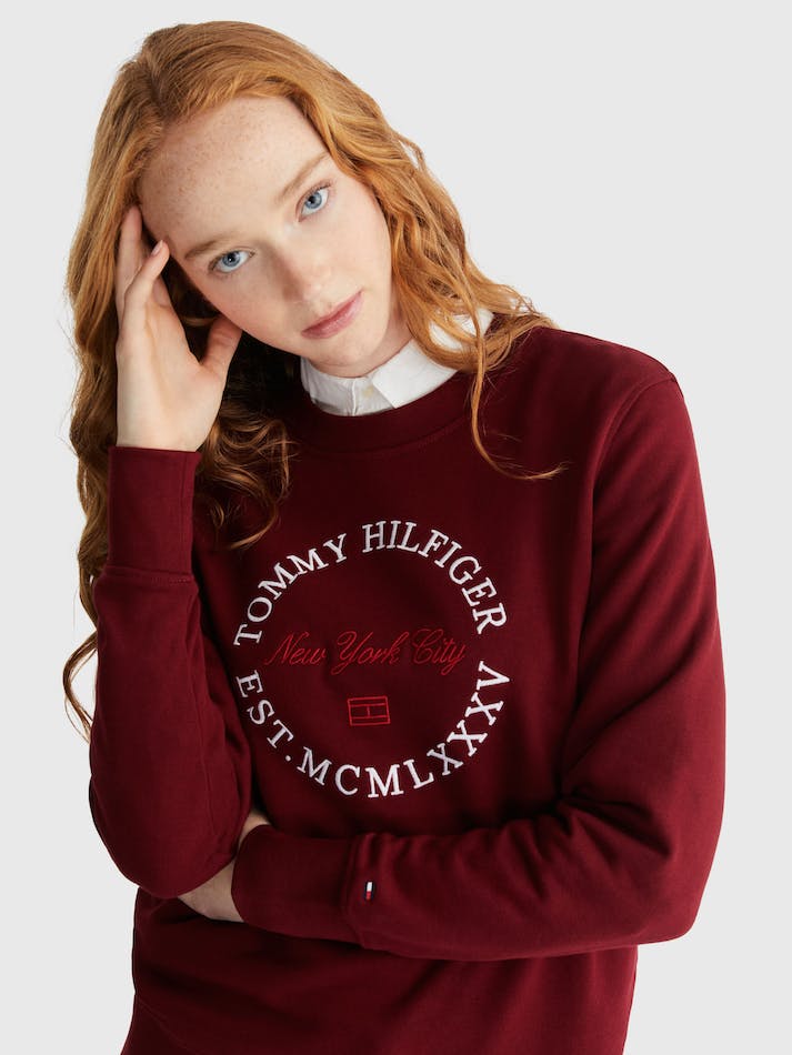 Tommy Hilfiger Print Mix Round Women's Sweatshirt Dark Red | r9xVtgxKlh1e