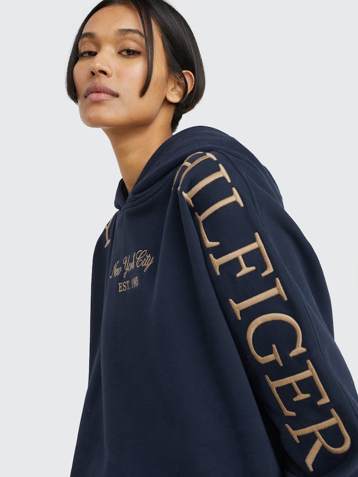 Tommy Hilfiger Relaxed Arched Hilfiger Women's Hoodie Blue | fFne4fELLPQo