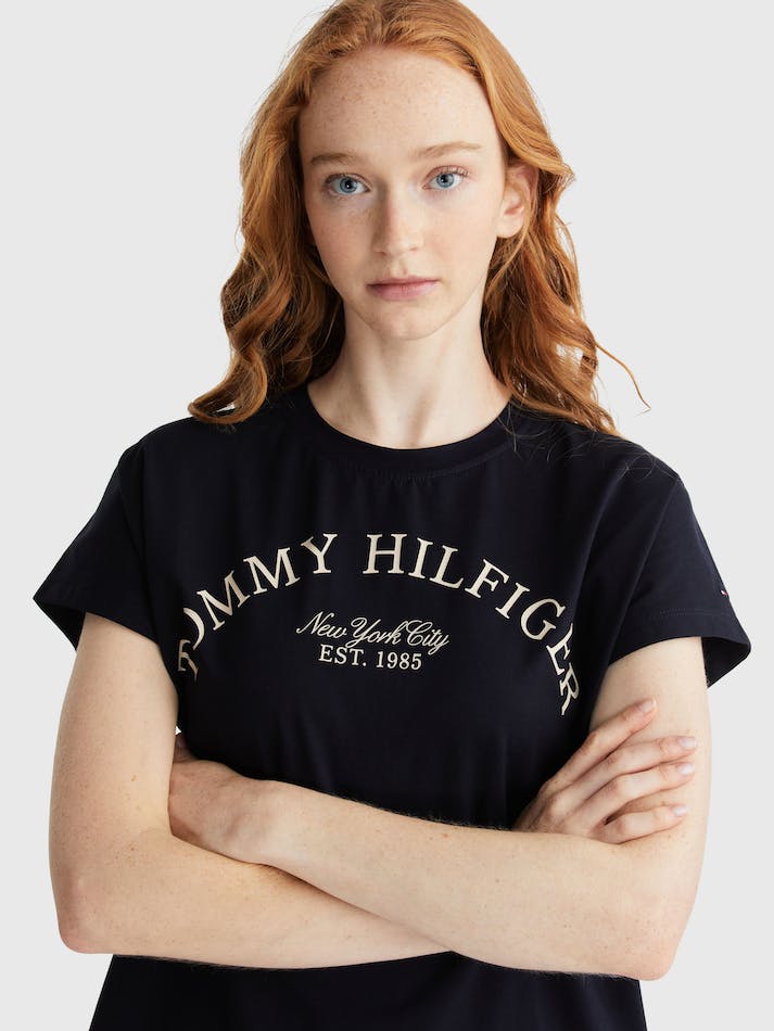 Tommy Hilfiger Relaxed Arched Hilfiger Women's T Shirts Blue | T1HmJ0av81Z8