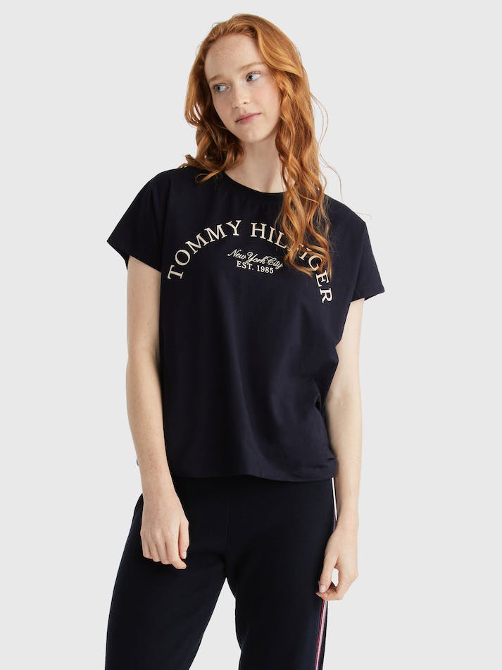 Tommy Hilfiger Relaxed Arched Hilfiger Women\'s T Shirts Blue | T1HmJ0av81Z8