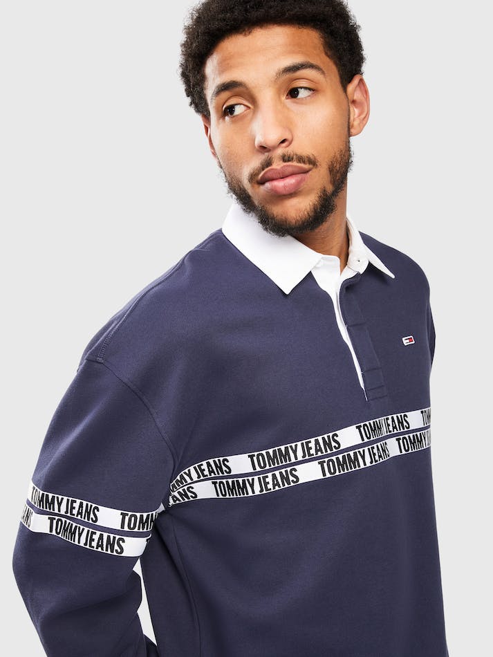 Tommy Jeans Relaxed Logo Tape Rugby Men's Shirts Navy | KUXLbR62hraT