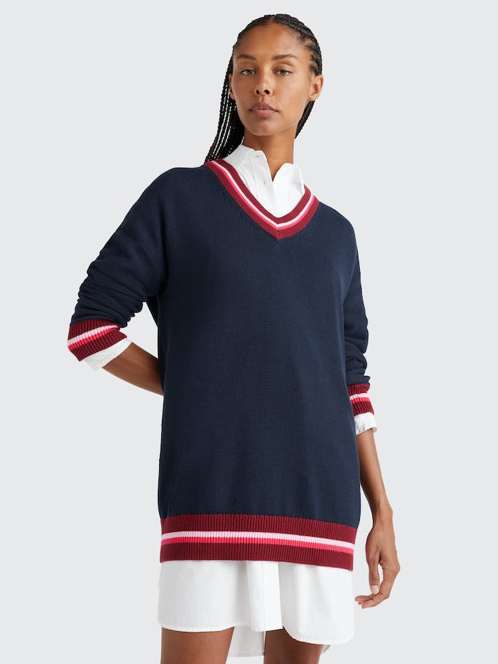 Tommy Hilfiger Relaxed Stripe V-Neck Women's Sweaters Blue | cLja0TU6Tquf