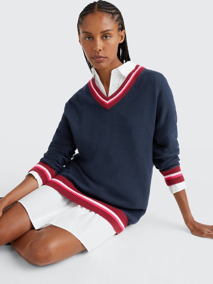 Tommy Hilfiger Relaxed Stripe V-Neck Women's Sweaters Blue | cLja0TU6Tquf