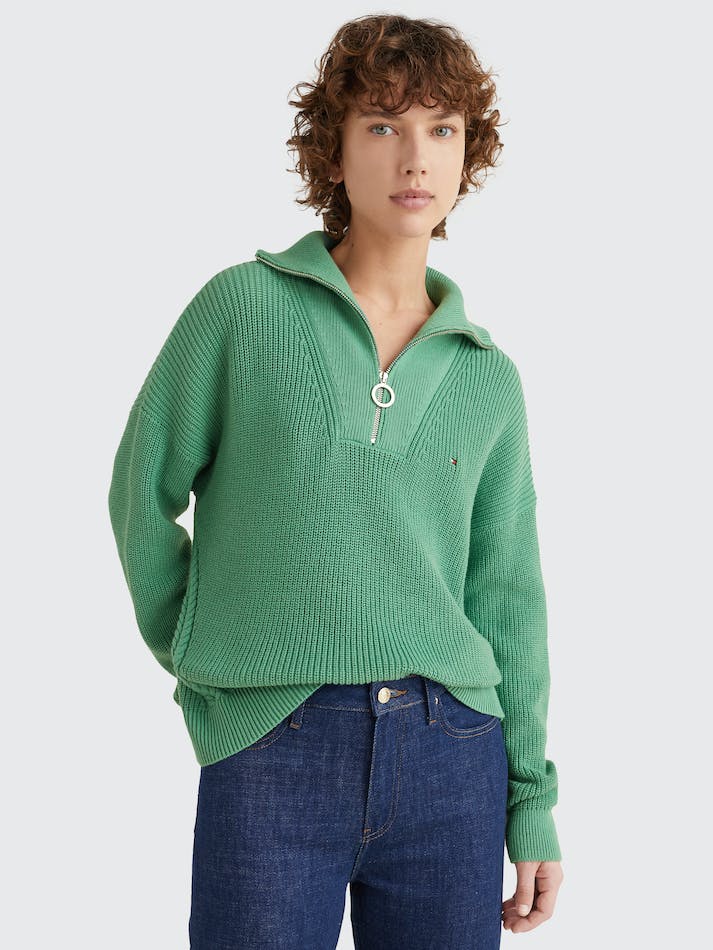 Tommy Hilfiger Rib Knit Half-Zip Relaxed Women's Jumpers Green | GMoEqZMJXkvp