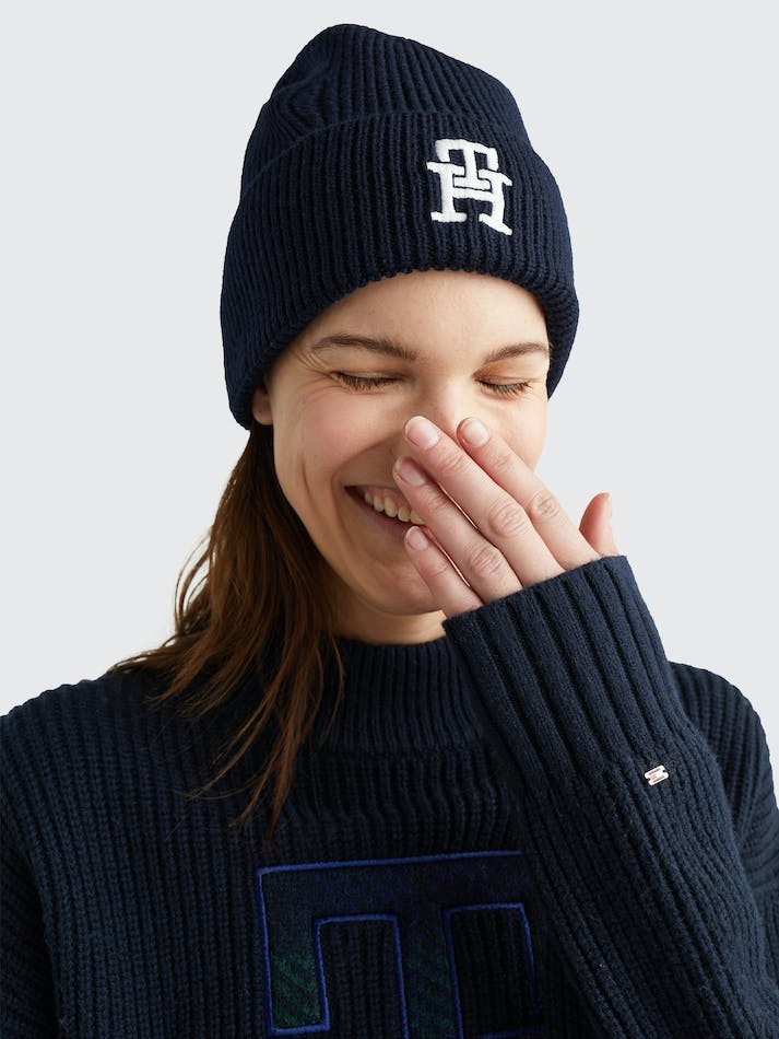 Tommy Hilfiger Rib-Knit Jersey Monogram Women's Beanie Blue | 4Tf2eMTyOOoE