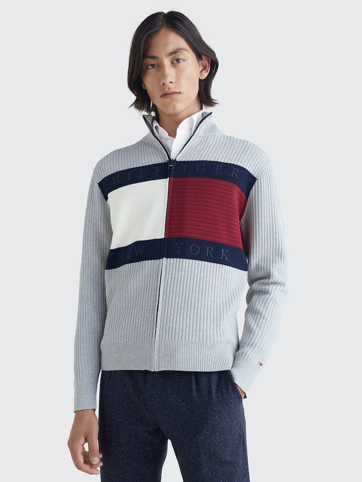 Tommy Hilfiger Rib-Knit Zip-Thru Flag Men's Cardigan Light Grey | 7FLwptrDVTL9