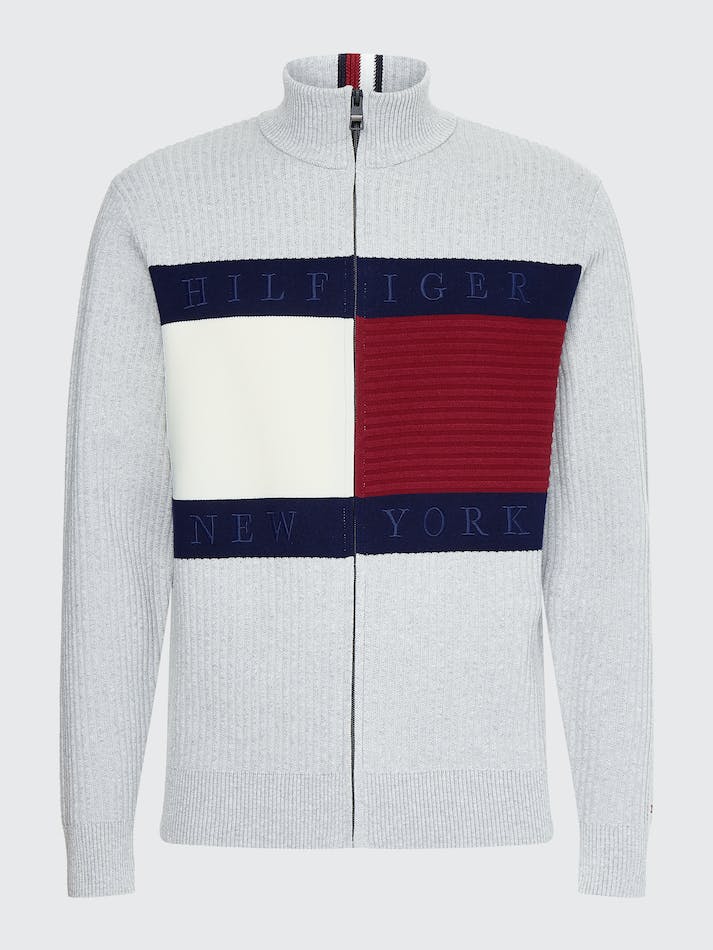 Tommy Hilfiger Rib-Knit Zip-Thru Flag Men's Cardigan Light Grey | 7FLwptrDVTL9