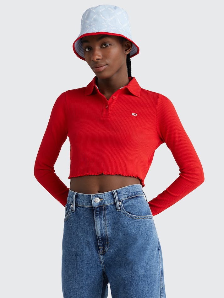 Tommy Jeans Ribbed Cropped Fit Long-Sleeve Women's Polo Shirts Deep Red | kdVoH39Oyec0