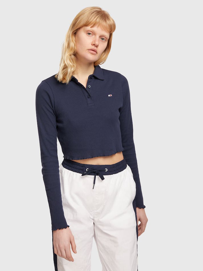 Tommy Jeans Ribbed Cropped Fit Long-Sleeve Women's Polo Shirts Navy | nYjlshdPwxgE