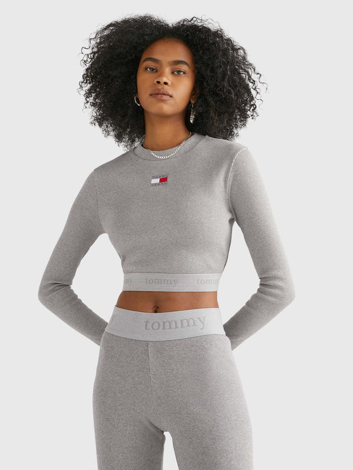 Tommy Jeans Ribbed Cropped Long Sleeve Women's T Shirts Grey | h2qP0wNAizx4