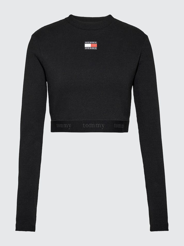 Tommy Jeans Ribbed Cropped Long Sleeve Women's T Shirts Black | m41SgAGKHFp3