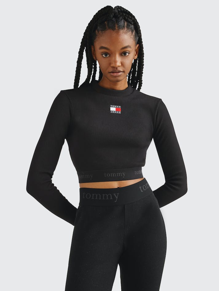 Tommy Jeans Ribbed Cropped Long Sleeve Women's T Shirts Black | m41SgAGKHFp3