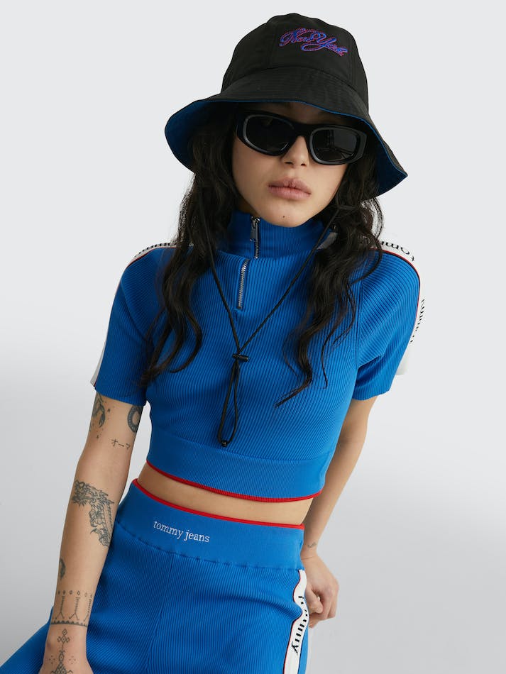 Tommy Jeans Ribbed Mock Turtleneck Crop Women's Tops Ocean Hue | SwQvjvJH0zSR