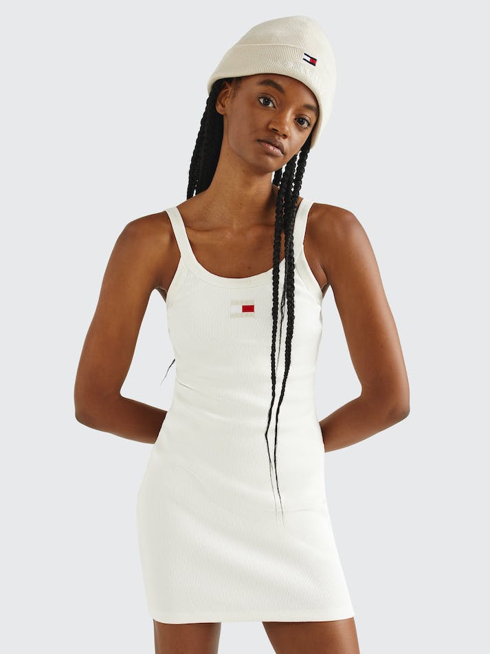 Tommy Jeans Ribbed Strappy Bodycon Mini Women's Dress White | JtoZdS4BAAQ9