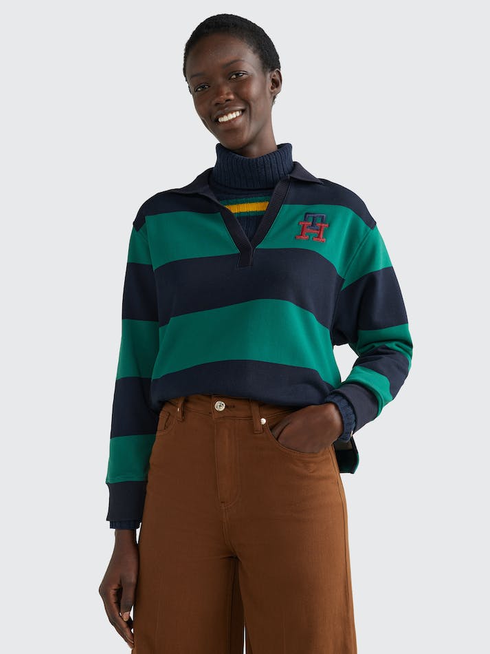 Tommy Hilfiger Rugby Stripe Monogram Relaxed Women's Sweatshirt Blue | RhMqhEFcTMWQ