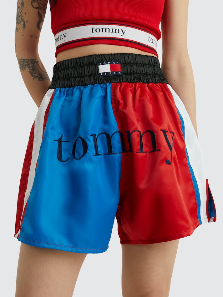 Tommy Jeans Sateen Colour-Blocked Dual Gender Boxer Unisex Shorts Deep Red | E8LJ7TQbp8cS