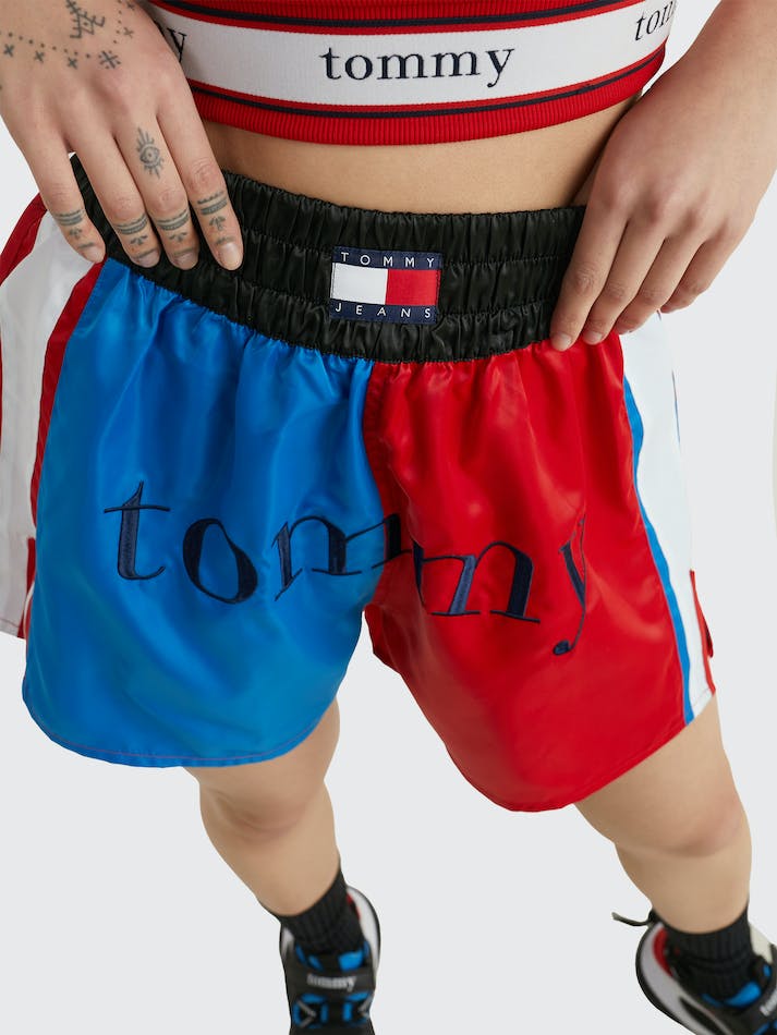 Tommy Jeans Sateen Colour-Blocked Dual Gender Boxer Unisex Shorts Deep Red | E8LJ7TQbp8cS