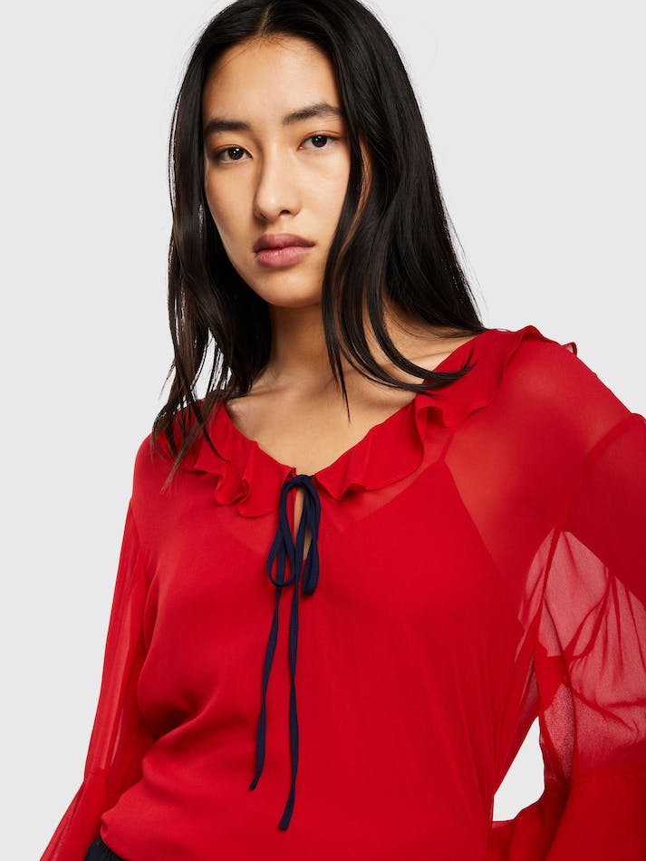 Tommy Hilfiger Sheer Ruffle Relaxed Fit Women's Shirts Red | KAIkQpqY3Awh