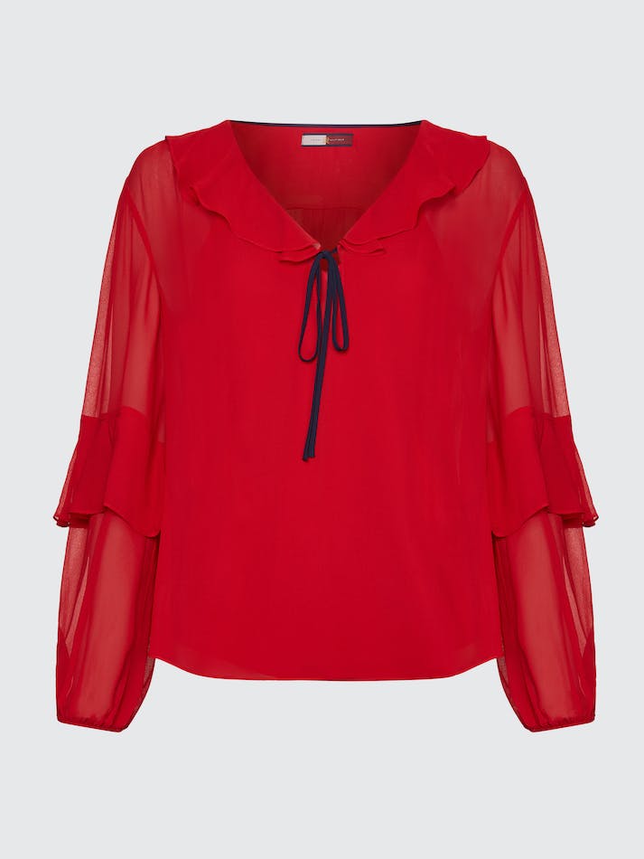 Tommy Hilfiger Sheer Ruffle Relaxed Fit Women's Shirts Red | KAIkQpqY3Awh