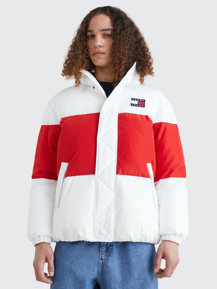 Tommy Jeans Shiny Colour-Blocked Oversized Puffer Men's Jackets White | mnf0M4E4Gaqi