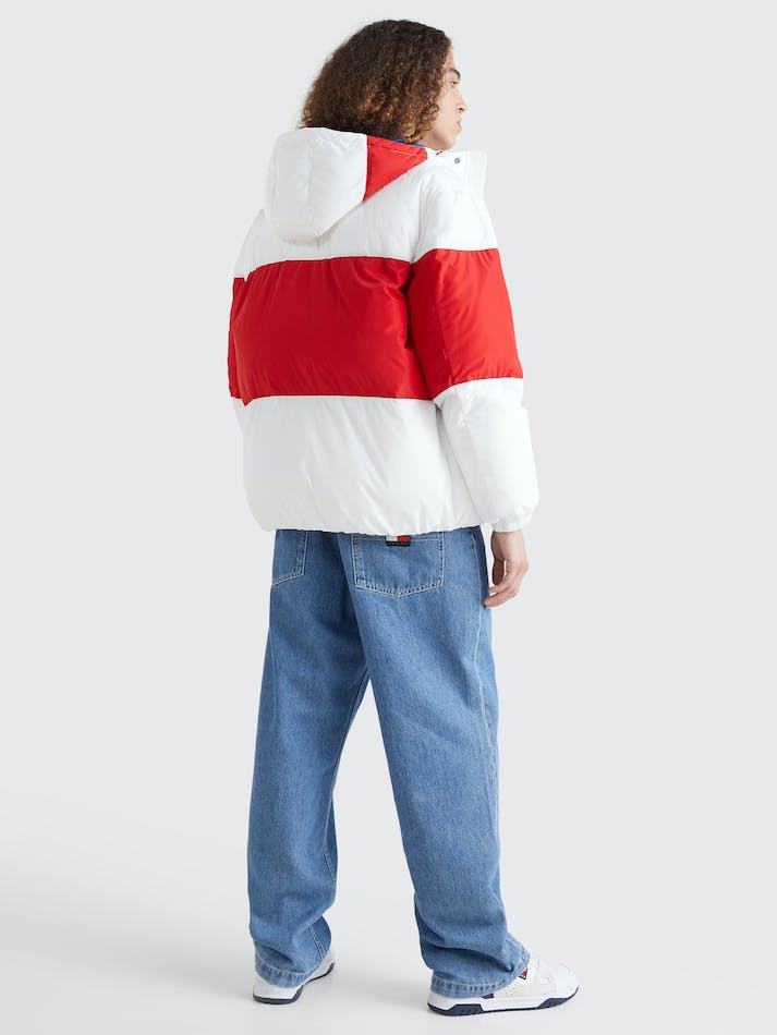 Tommy Jeans Shiny Colour-Blocked Oversized Puffer Men's Jackets White | mnf0M4E4Gaqi