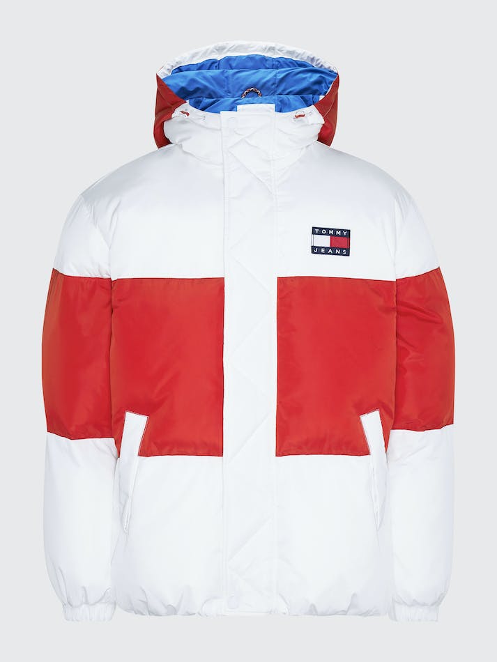 Tommy Jeans Shiny Colour-Blocked Oversized Puffer Men's Jackets White | mnf0M4E4Gaqi