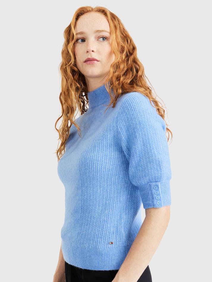 Tommy Hilfiger Short Sleeve Ribbed High Neck Women's Sweaters Blue | zkqokth97sST