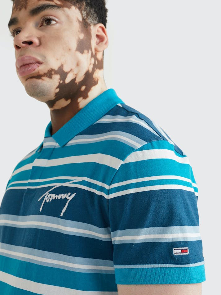 Tommy Jeans Signature Logo Stripe Jersey Men's Polo Shirts Petrol | Q4G7Pe4mhCV2