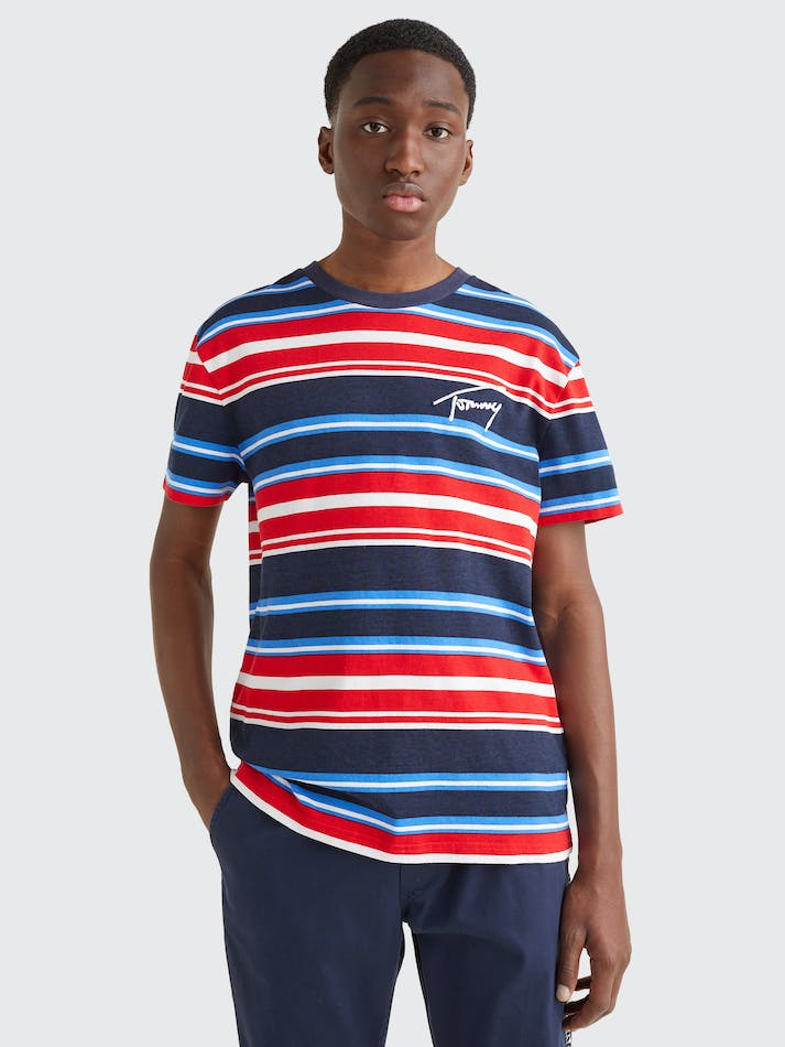 Tommy Jeans Signature Logo Stripe Men's T Shirts Navy Stripes | 8Y5FfS67rpWJ