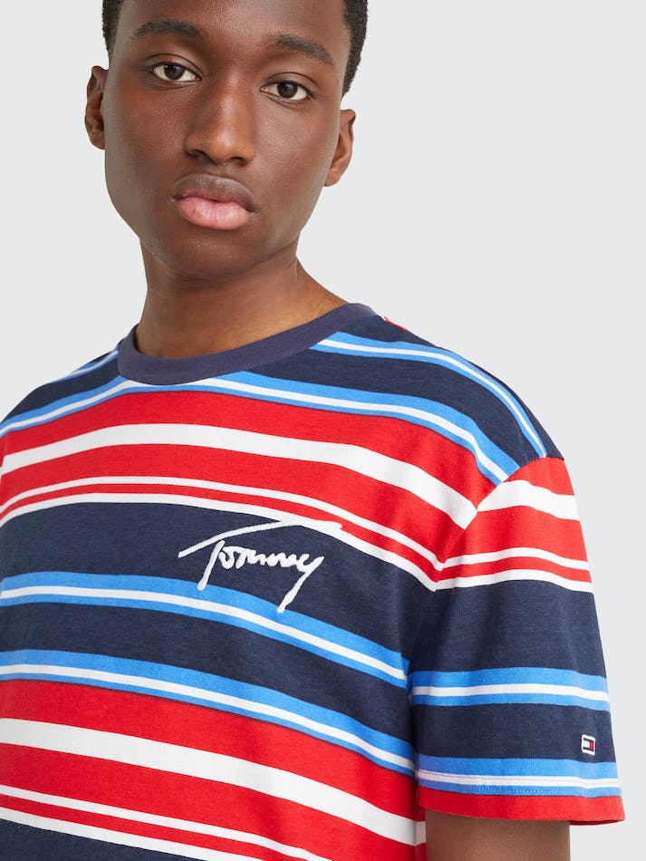 Tommy Jeans Signature Logo Stripe Men's T Shirts Navy Stripes | 8Y5FfS67rpWJ