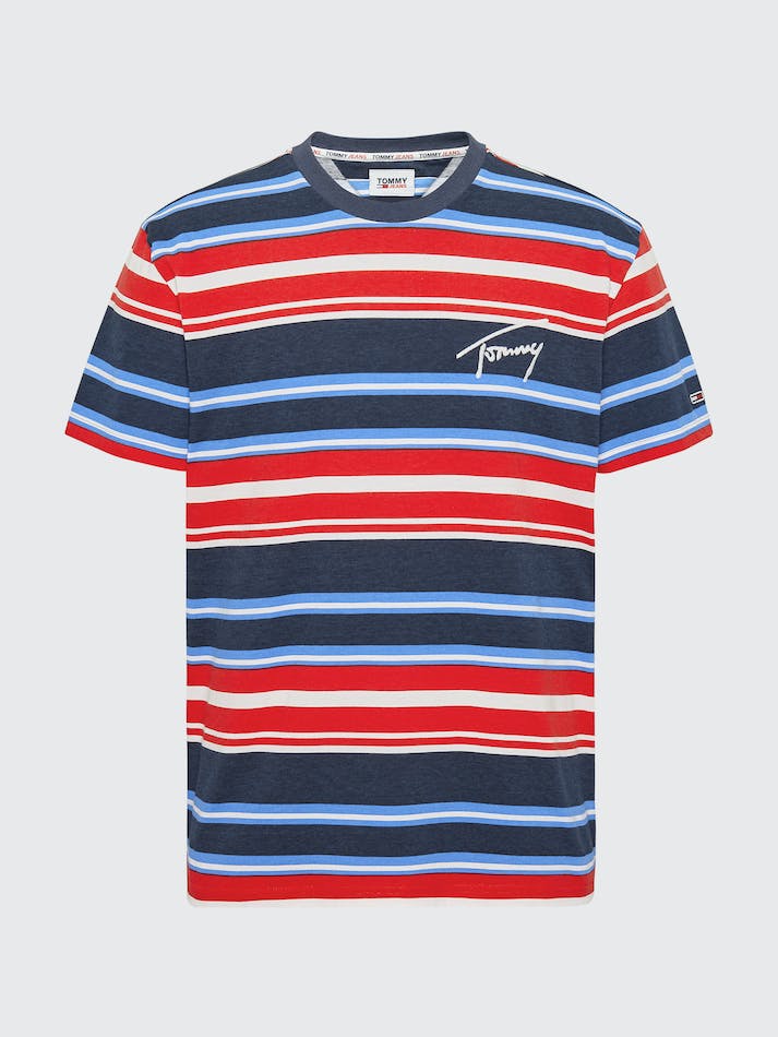 Tommy Jeans Signature Logo Stripe Men's T Shirts Navy Stripes | 8Y5FfS67rpWJ