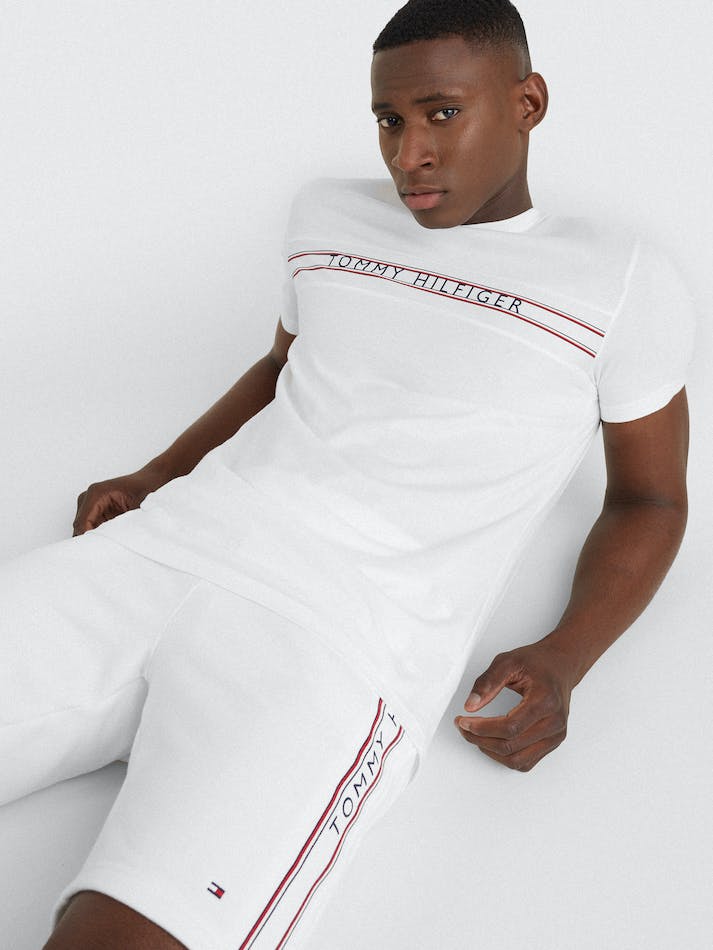 Tommy Hilfiger Signature Tape Logo Men's T Shirts White | CXT3ogNWpRiT