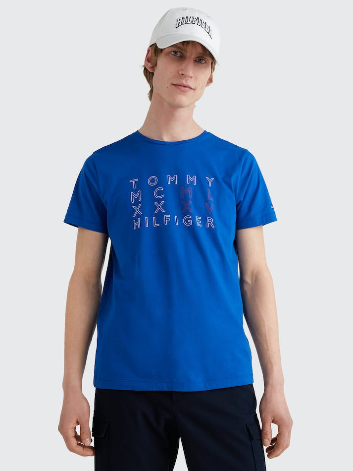 Tommy Hilfiger Signature Text Logo Men's T Shirts Blue | FDfSuHYftrAL