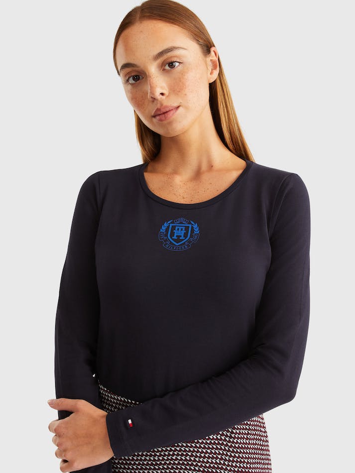 Tommy Hilfiger Small Crest Scoop Neck Long Women's Tops Blue | 2VqbR47MSXeB