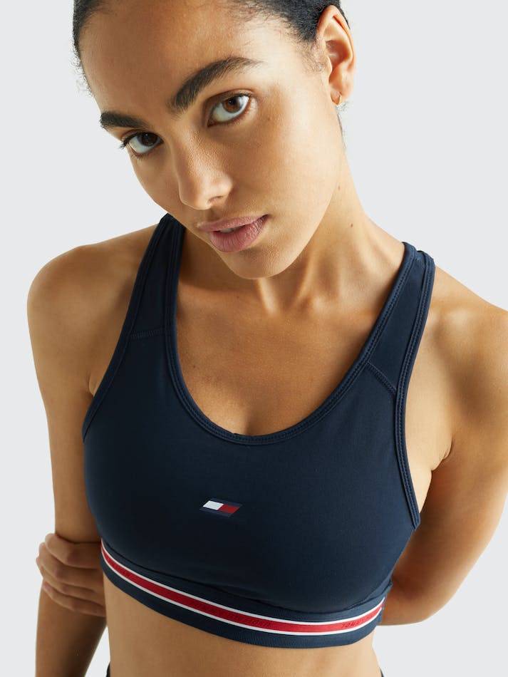 Tommy Hilfiger Sport Medium Support Logo Tape Women\'s Bras Blue | eKtE39gtY6dl