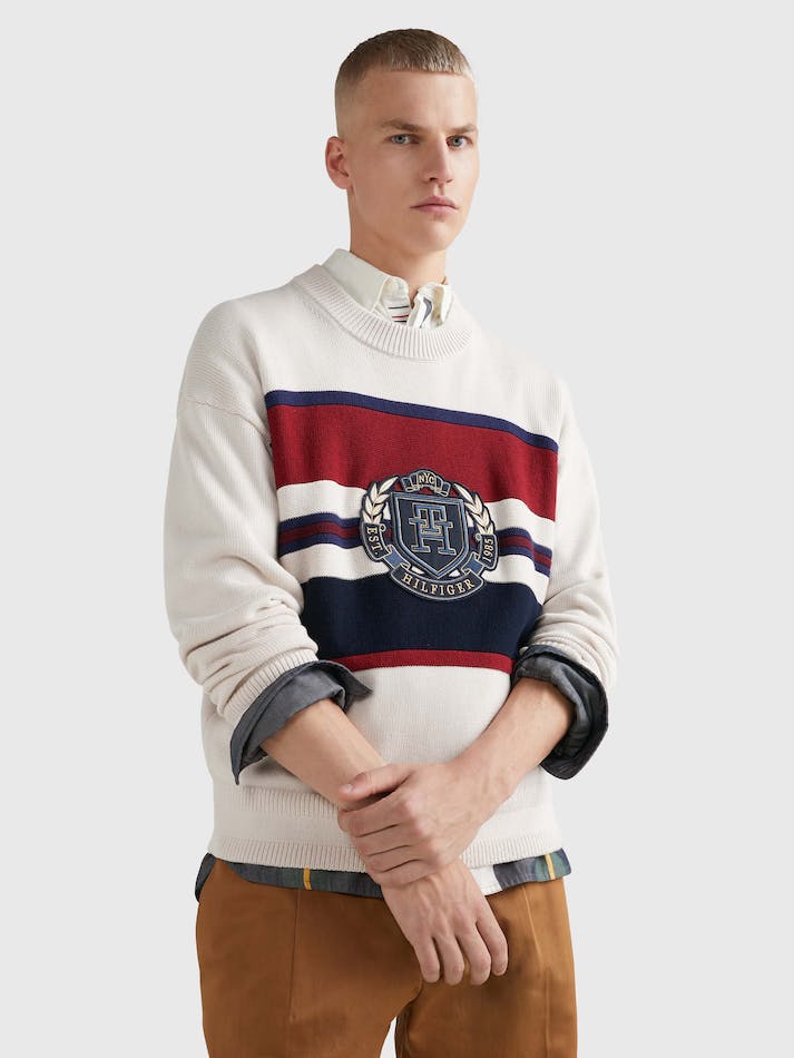 Tommy Hilfiger Stripe Crew Neck Relaxed Fit Men's Jumpers White | PJBKPuMIxKI3