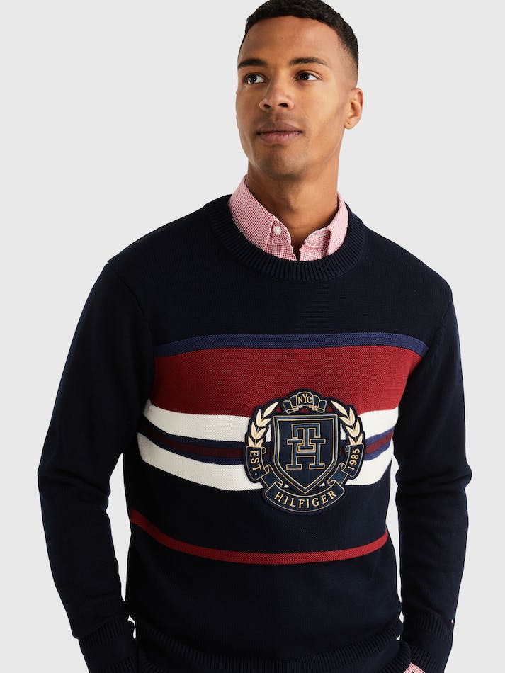 Tommy Hilfiger Stripe Crew Neck Relaxed Fit Men's Jumpers Blue | jgkYvXEprFue