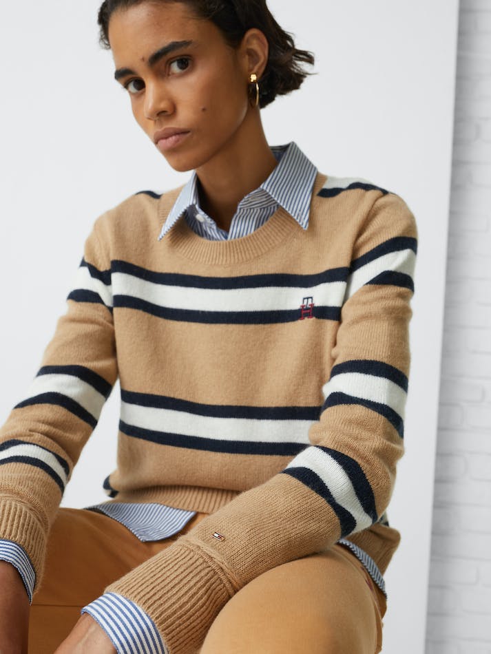 Tommy Hilfiger Stripe Crew Neck Wool Women's Jumpers Khaki | 4aYekiIYny44