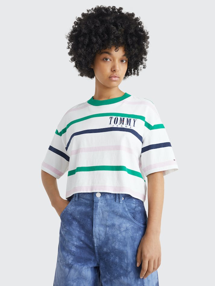 Tommy Jeans Stripe Cropped Oversized Women's T Shirts White / Multicolor | b5ZWdYguVUTz