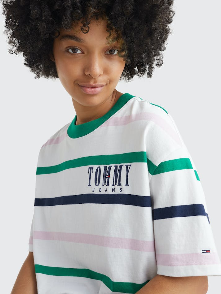 Tommy Jeans Stripe Cropped Oversized Women's T Shirts White / Multicolor | b5ZWdYguVUTz